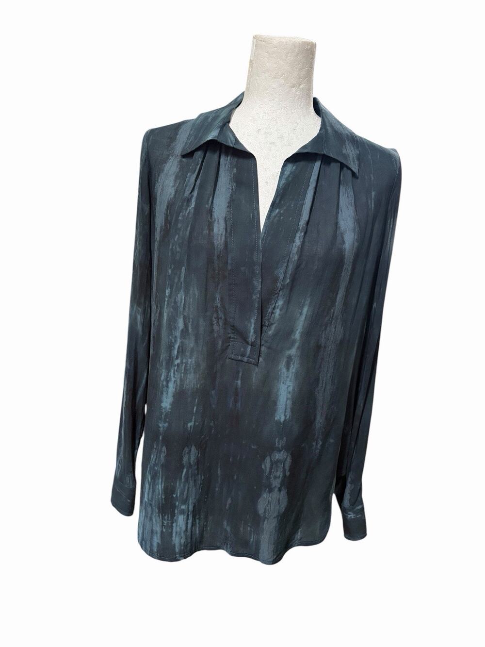Fifteen Twenty Womens Top XS Black Blue Long Sleeve Marbled Blouse Deep V